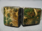 Opulent Vintage Native American Navajo Squared Green Turquoise Sterling Silver Bracelet Old-Nativo Arts