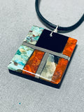 Native American Authentic Santo Domingo Turquoise Coral Onyx Sterling Silver Necklace-Nativo Arts