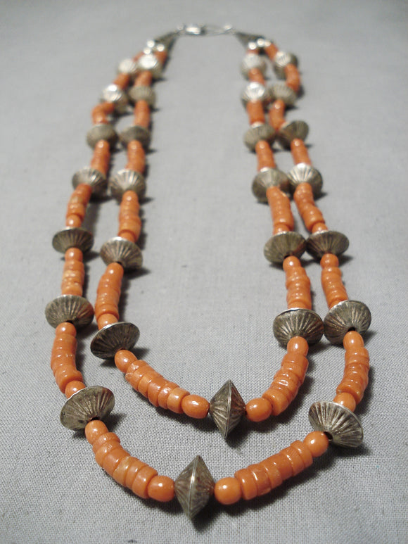 Museum Vintage Native American Navajo Coral Sterling Silver Hogan Bead Necklace- Very Old!-Nativo Arts