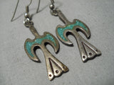 Long Rare Vintage Native American Zuni Green Turquoise Sterling Silver Native Americsn Earrings-Nativo Arts
