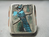 Important Native American Zuni Bluejay Turquoise Sterling Silver Coral Ring-Nativo Arts
