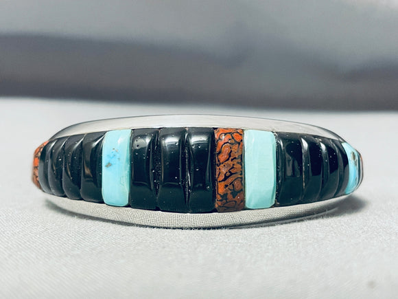 Important Dinosaur Bone Inlay Vintage Native American Navajo Sterling Silver Turquoise Bracelet-Nativo Arts