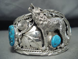 Howling Wolf Native American Navajo Turquoise Detailed Sterling Silver Bracelet-Nativo Arts