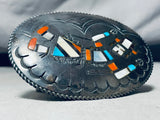 Intricate Heavy Patina Vintage Native American Navajo Turquoise Kachina Sterling Silver Buckle-Nativo Arts