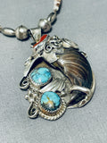 Rare Vintage Native American Navajo Bear Turquoise Coral Sterling Silver Necklace-Nativo Arts