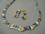 Native American Important Calvin Begay Turquoise Sterling Silver Inlay Necklace Earrings-Nativo Arts