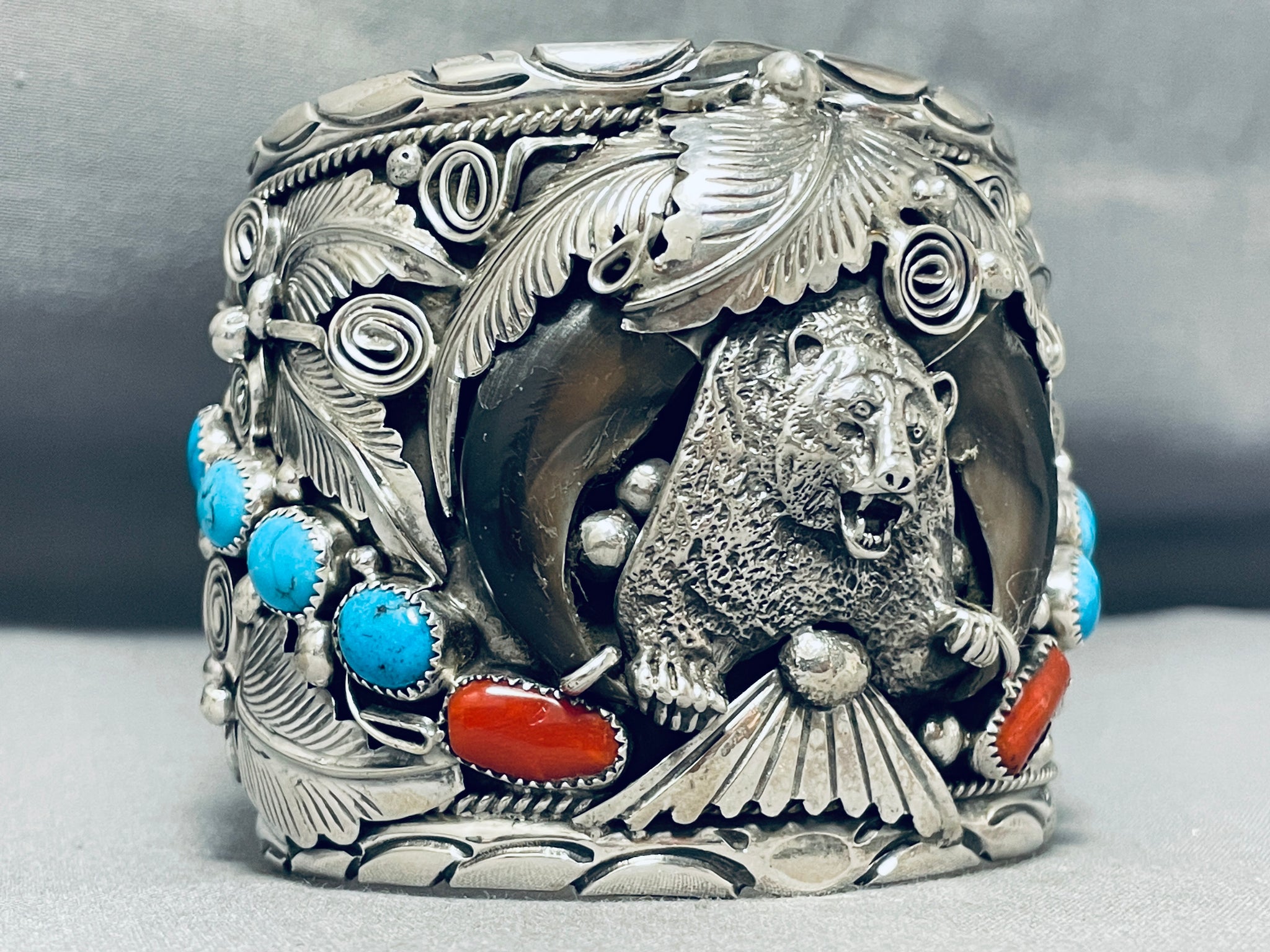 Spirit Bear Totem (signed - hot Native American in Sterling Silver) Bracelet Carved Turquoise Heart w Jasper, Red Spiny Oyster Shell, Indian