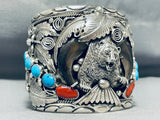 Huge Authentic Native American Navajo Turquoise Coral Sterling Silver Bear Bracelet-Nativo Arts