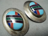Signed Large Intricate Vintage Native American Navajo Turquoise Sterling Silver Earrings-Nativo Arts