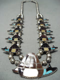 Very Rare Vintage Native American Zuni Signed Turquoise Sterling Silver Squash Blossom Necklace-Nativo Arts