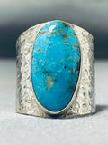 Impressive Native American Navajo Old Kingman Turquoise Sterling Silver Ring-Nativo Arts