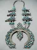 Intricate Vintage Native American Navajo Zuni Turquoise Sterling Silover Squash Blossom Necklace-Nativo Arts