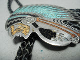 Huge Chief Head Vintage Native American Navajo Turquoise Coral Sterling Silver Bolo Tie-Nativo Arts
