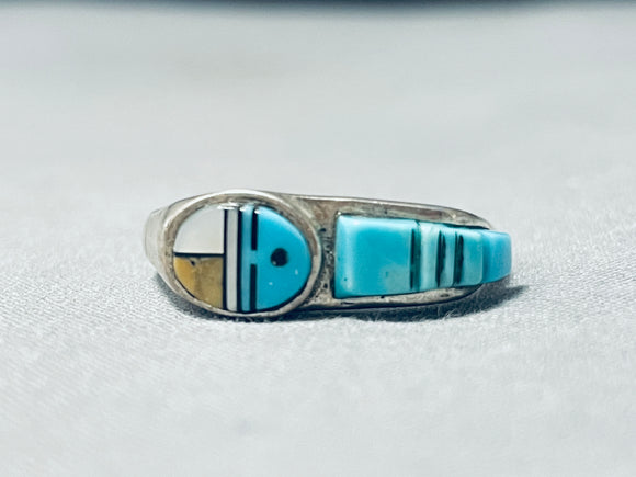 Detailed Native American Navajo Turquoise Sterling Silver Sunface Ring-Nativo Arts