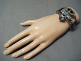 Eartly 1900's Vintage Native American Zuni Turquoise Kachina Sterling Silver Inlay Bracelet Old-Nativo Arts