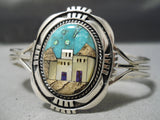 Rare!! Modern Native American Navajo Turquoise Inlay Pueblo Scene Sterling Silver Bracelet-Nativo Arts