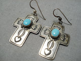 Native American Exceptional Vintage Sleeping Beauty Turquoise Sterling Silver Cross Earrings-Nativo Arts