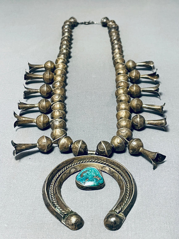 Early Big Bead Vintage Native American Navajo Turquoise Sterling Silver Squash Blossom Necklace-Nativo Arts