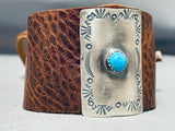 Remarkable Native American Navajo Blue Gem Turquoise Sterling Silver Brown Leather Bowguard-Nativo Arts