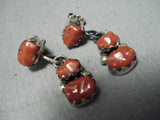 Native American Authentic Alice Quam Chunky Coral Vintage Zuni Sterling Silver Earrings-Nativo Arts