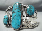 Museum Vintage Native American Navajo Blue Diamond Turquoise Sterling Silver Leaf Bracelet-Nativo Arts