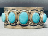Majestic Native American Navajo Signed 5 Turquoise Sterling Silver Enormous Bracelet-Nativo Arts