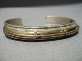 Thick Heavy Vintage Native American Navajo Mark Yazzie Feather Sterling Silver Gold Bracelet-Nativo Arts