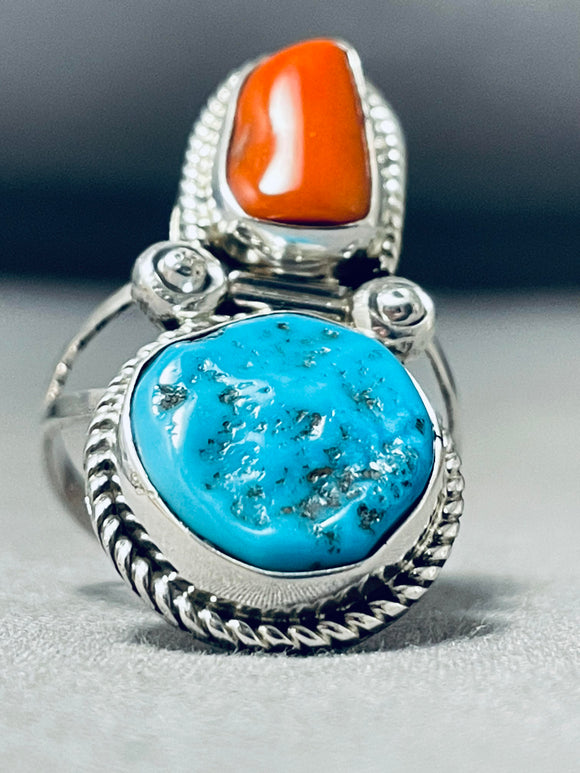 Wonderful Native American Navajo Morenci Turquoise And Coral Sterling Silver Ring-Nativo Arts