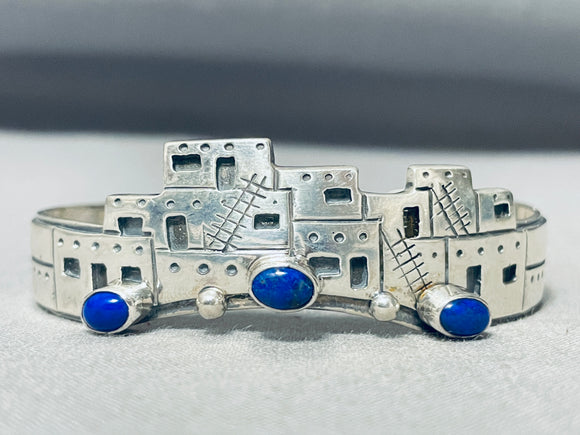 One Of Most Detailed Hand Carved Vintage Native American Navajo Lapis Sterling Silver Bracelet-Nativo Arts