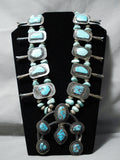 Heavy Crazy Vintage Native American Navajo Turquoise Sterling Silver Squash Blossom Necklace-Nativo Arts
