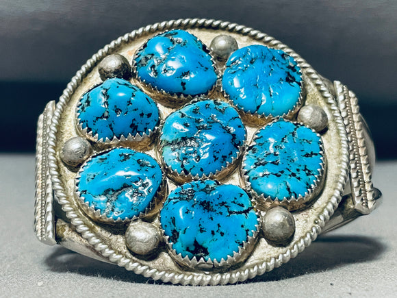 Chunky Turquoise Cluster Vintage Native American Navajo Sterling Silver Bracelet-Nativo Arts