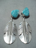 Stunning Native American Navajo Turquoise Sterling Silver Feather Earrings-Nativo Arts
