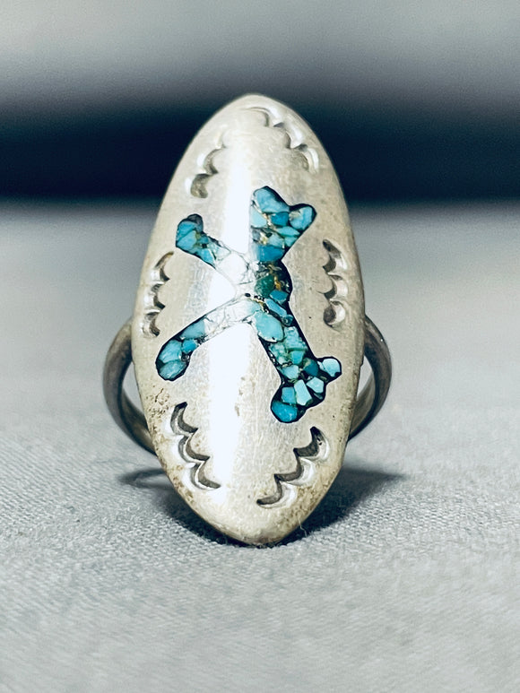 Rare Older Vintage Native American Navajo Turquoise Inlay Sterling Silver Ring-Nativo Arts
