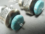 Signed Hand Tooled Native American Navajo Turquoise Sterling Silver Earrings-Nativo Arts