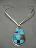 Stunning Vintage Native American Navajo Turquoise Spiny Oyster Inlay Sterling Silver Necklace-Nativo Arts