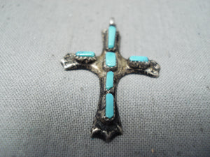 Native American Beautiful Signed Vintage Zuni Blue Gem Turquoise Sterling Silver Cross Pendant-Nativo Arts