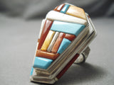 Native American Important Inlay Master Navajo Turquoise Coral Sterling Silver Inlay Ring-Nativo Arts
