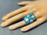 Huge Vintage Native American Navajo Turquoise Pearl Sterling Silver Inlay Heavy Ring-Nativo Arts