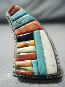 So Intricate!! Native American Navajo Turquoise Coral Sterling Silver Ring-Nativo Arts