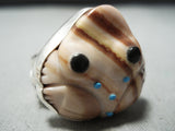 Huge Detailed Native American Navajo Turquoise Agate Toad Sterling Silver Ring-Nativo Arts
