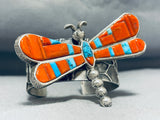 Rare Native American Navajo Signed Inlay Coral Kingman Turquoise Sterling Silver Dragonfly Cuff-Nativo Arts