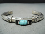 Unique Vintage Native American Navajo Blue Gem Turquoise Jet Sterling Silver Bracelet Old-Nativo Arts