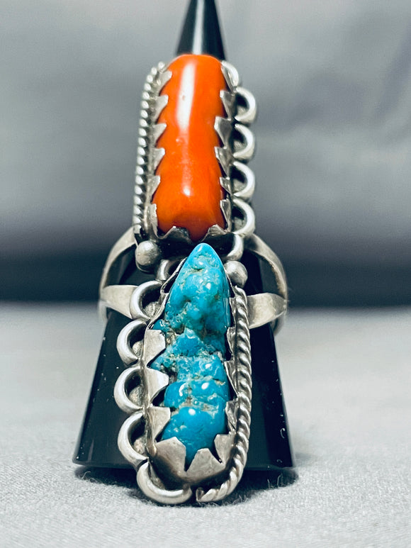 Chunky Dunky Vintage Native American Navajo Coral Turquoise Sterling Silver Ring-Nativo Arts