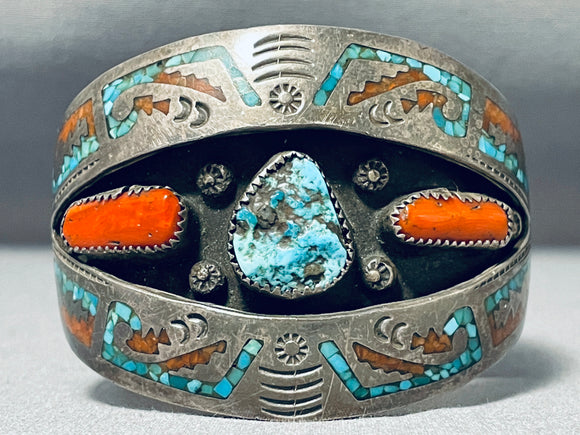 Amazing Vintage Native American Navajo Morenci Turquoise Coral Chip Inlay Sterling Silver Cuff-Nativo Arts