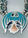 124 Gram Vintage Native American Navajo Turquoise Inlay Sterling Silver Squash Blossom Necklace-Nativo Arts