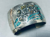 Wide Massive Intricate Vintage Native American Navajo Turquoise Sterling Silver Bracelet-Nativo Arts
