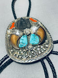 Massive Hand Carved Black Bear Vintage Native American Navajo Turquoise Sterling Silver Bolo Tie-Nativo Arts