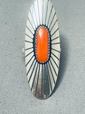 Exquisite Native American Navajo Coral Sterling Silver Ring Signed Thomas Nez-Nativo Arts