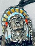 Precise Detail Vintage Native American Navajo Chief Head Turquoise Sterling Silver Bolo Tie-Nativo Arts
