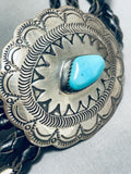 Mesmerizing Vintage Native American Navajo Pilot Mountain Turquoise Sterling Silver Huge Bolo-Nativo Arts